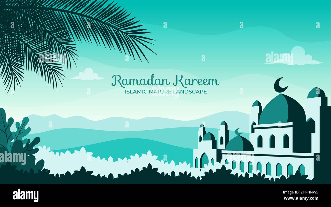 Handgezeichnete flache Design islamische Moschee mit Landschaft Stock Vektor