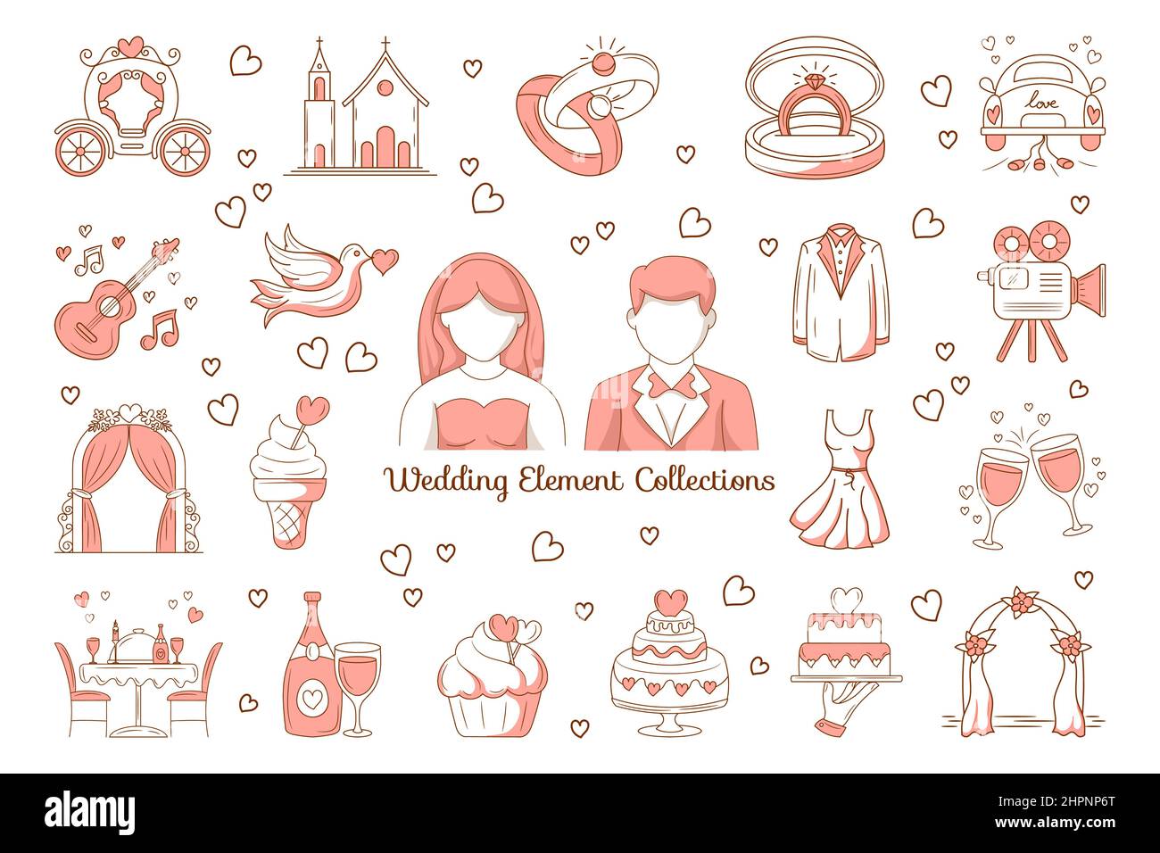 Hochzeitselement-Set mit farbigem, handgezeichneter linearer Doodle-Optik Stock Vektor