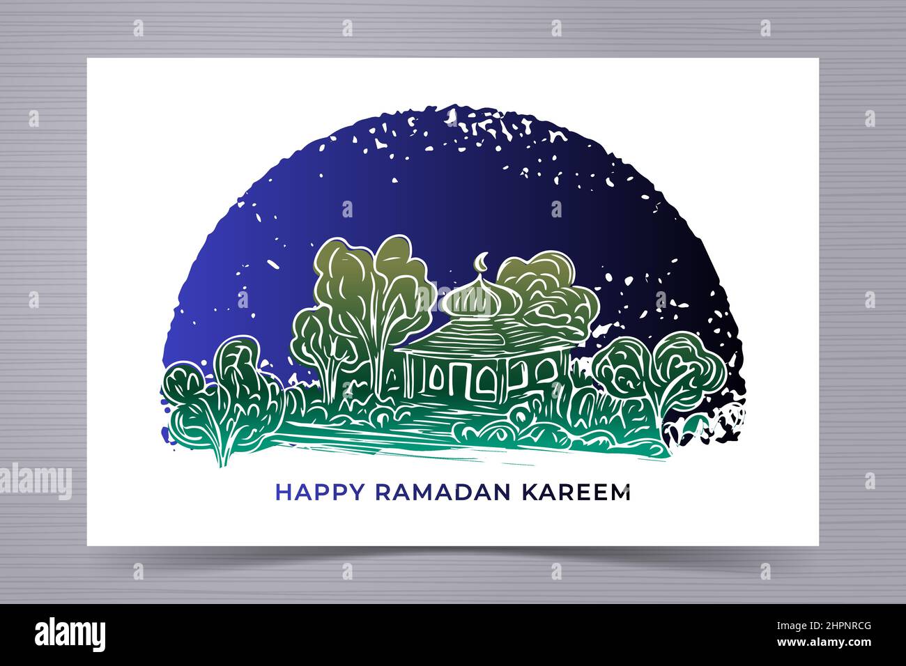 Ramadan Kareem Grußkarte mit handgezeichneter Moschee und grungenem Hintergrund Stock Vektor