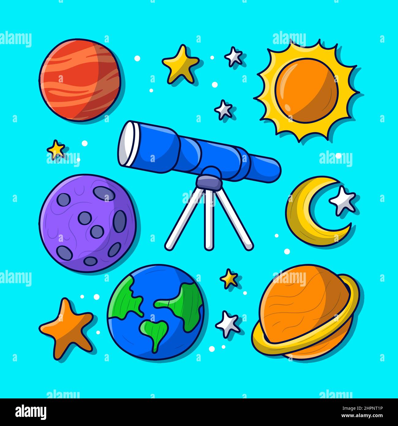 Planet und Fernglas mit handgezeichneter Doodle-Illustration Stock Vektor
