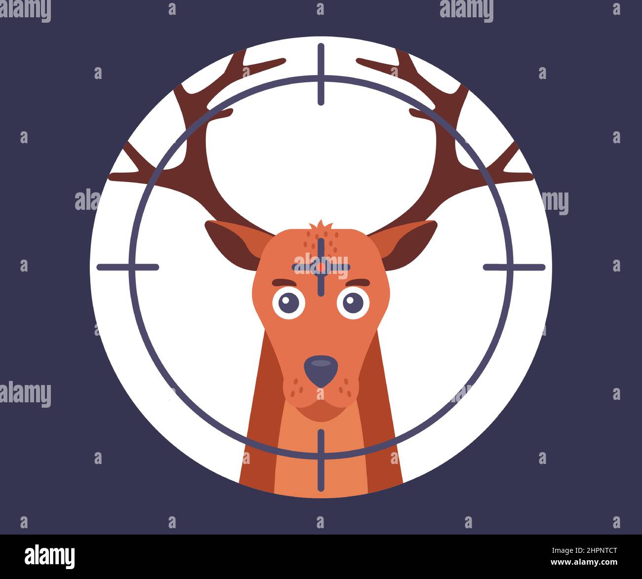 Hirsch mit Geweih in den Augen eines Jägers. Beute im Wald finden. Flache Vektorgrafik. Stock Vektor