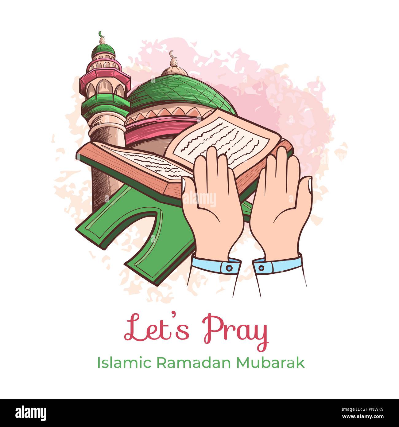 Flaches ramadan-Betillustrat mit Hand, Moschee und dem heiligen Buch des korans Stock Vektor
