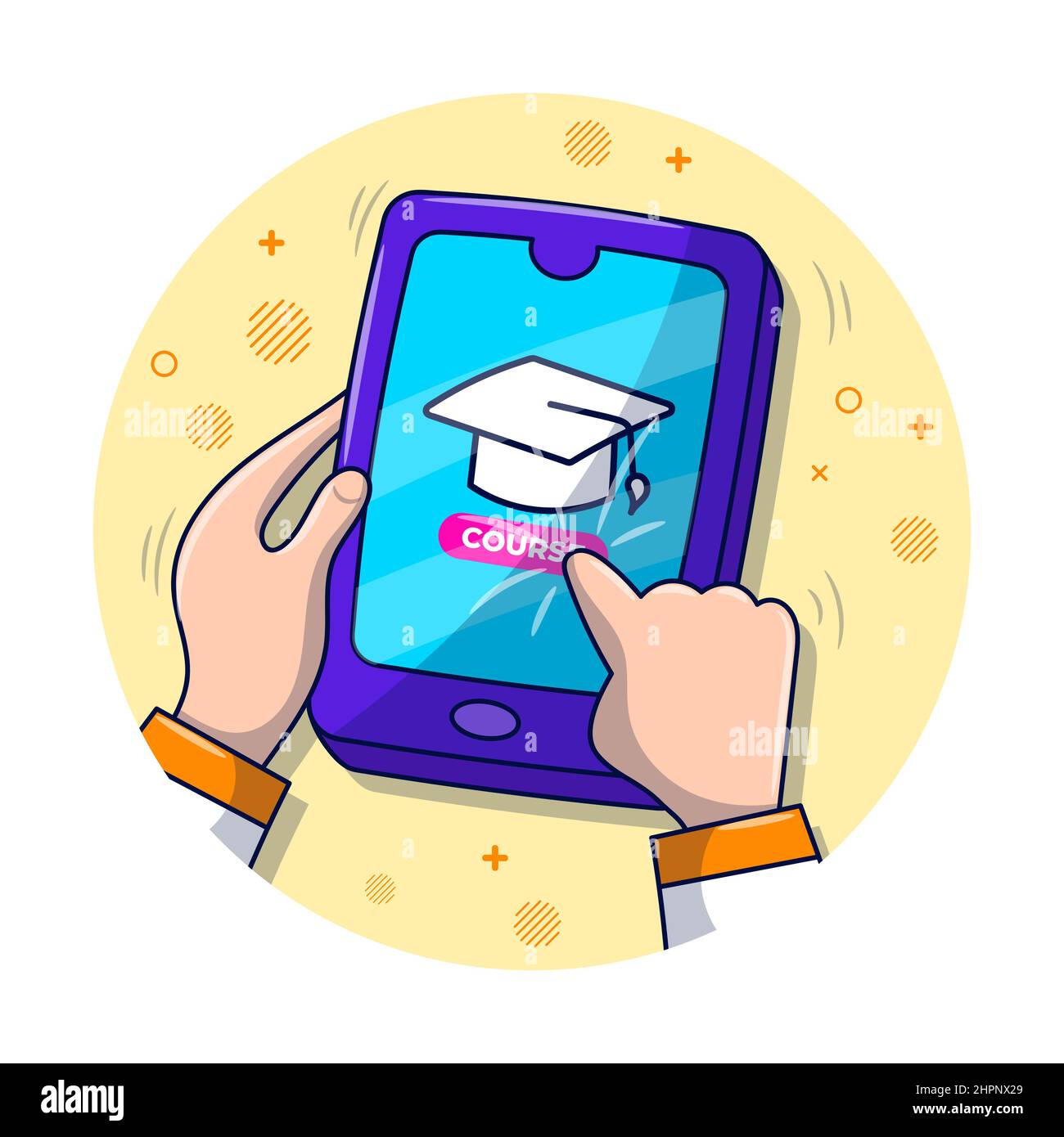 Online-Lernen mit Smartphone, pädagogische handgezeichnete Cartoon-Illustration Stock Vektor