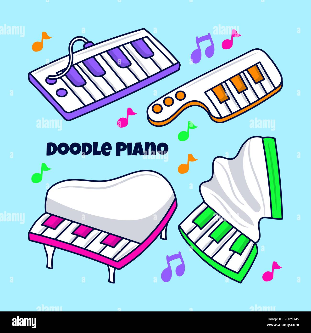 Doodle Piano Illustration mit farbigen handgezeichneten Umrissstil Stock Vektor