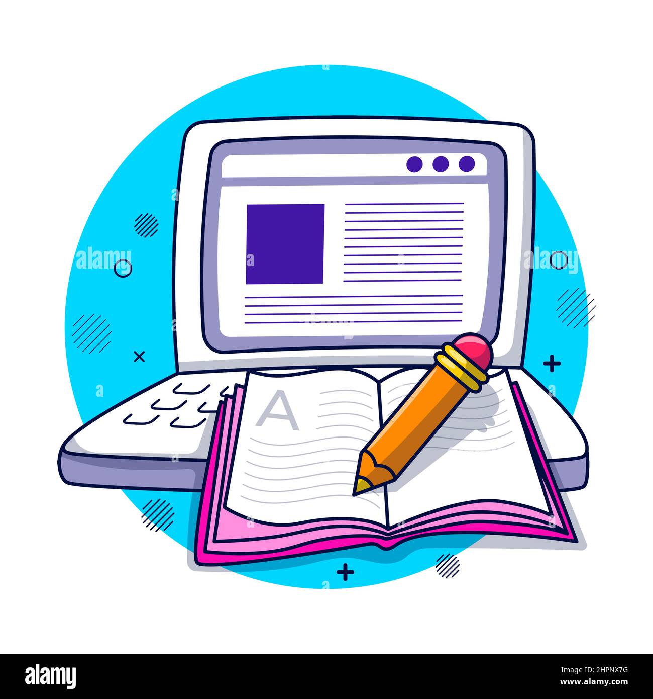 Laptop mit Bleistift und Buch, pädagogische handgezeichnete Cartoon-Illustration Stock Vektor