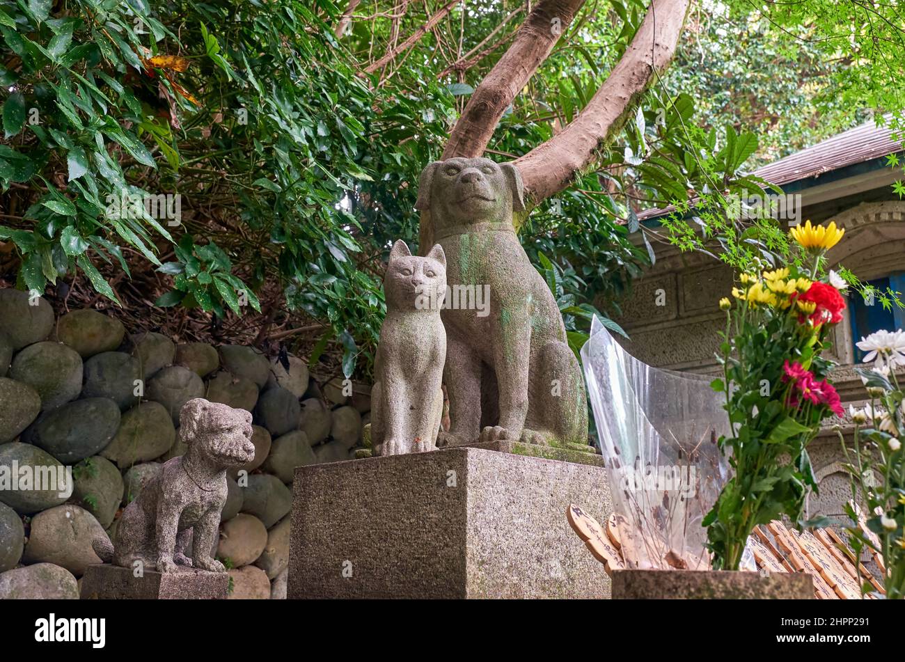 Nagoya, Japan - 20. Oktober 2019: Ein Altar mit den Statuen von Hunden und Katzen in der Gegend, die den toten Haustieren in der Nähe des Tierzementes gewidmet ist Stockfoto