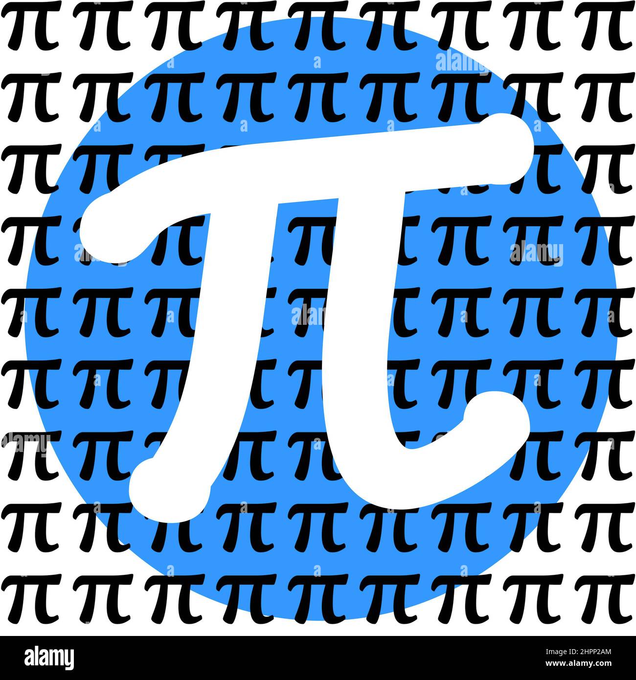 Weißes Pi-Zeichen im blauen Kreis mit kleineren schwarzen pi-Symbolen auf der ganzen grafischen Typografie für den Pi Day, ein schrulliger Feiertag am 14. März, da pi 3,14 entspricht Stockfoto