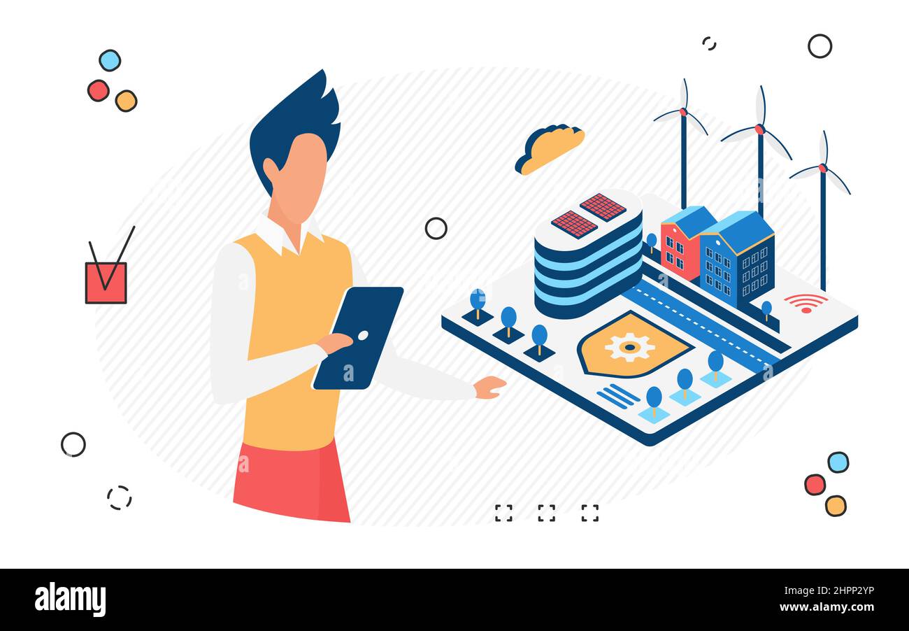 Smart City: Erneuerbare und nachhaltige Energieeinsparungen. Innovative natürliche Energiequellen der letzten Generation Stock Vektor