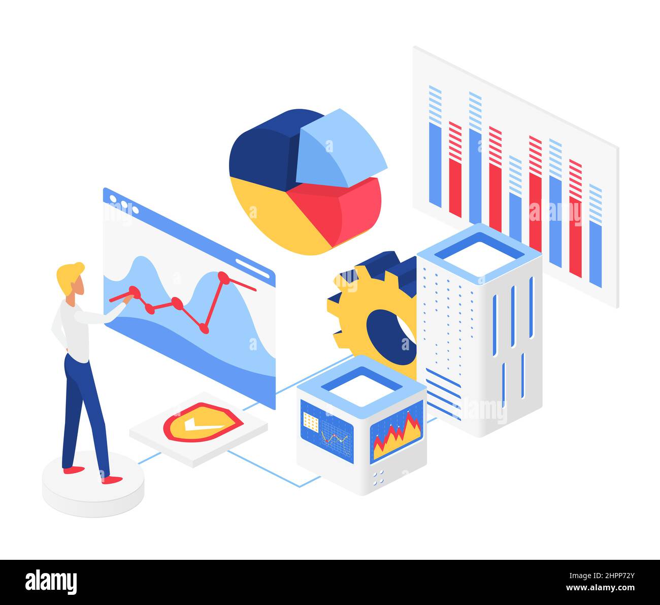 Big-Data-Visualisierungsprozess, bei dem Informationen angezeigt werden. Analysen, die in Diagrammen und visuellen Diagrammen dargestellt werden Stock Vektor