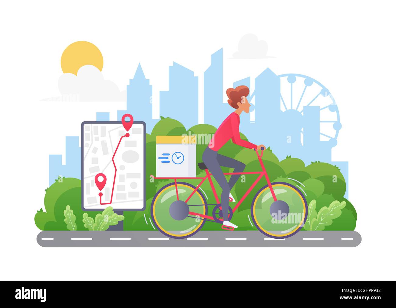 Fahrradkurier liefert Produkte und Waren für zu Hause. Digitale Online-Anwendung zur Nachverfolgung des Versandauftrags Stock Vektor