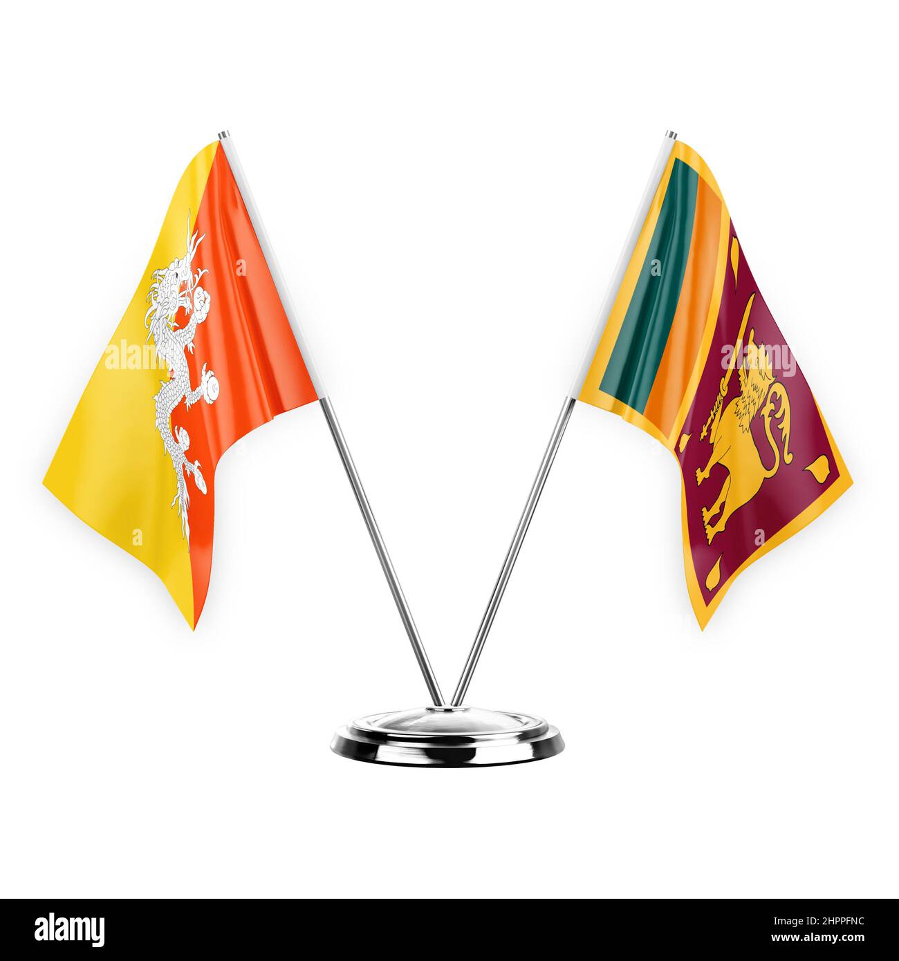 Zwei Tischfahnen isoliert auf weißem Hintergrund 3D Illustration, bhutan und sri lanka Stockfoto