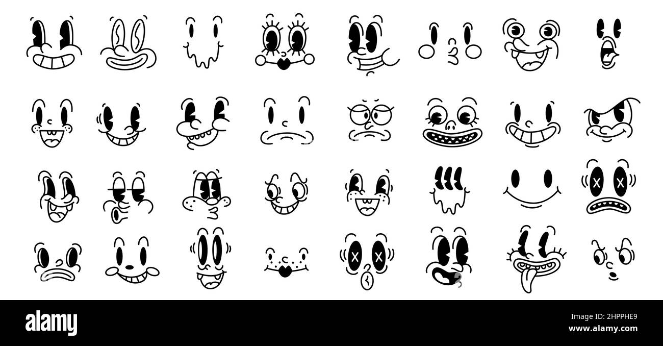 Retro 30s Cartoon und Comics Figuren Gesichter. Traditionelle Emotionen Vektor-Elemente. Ersteller von Vintage-Figuren für Trenddarstellungen. Stock Vektor