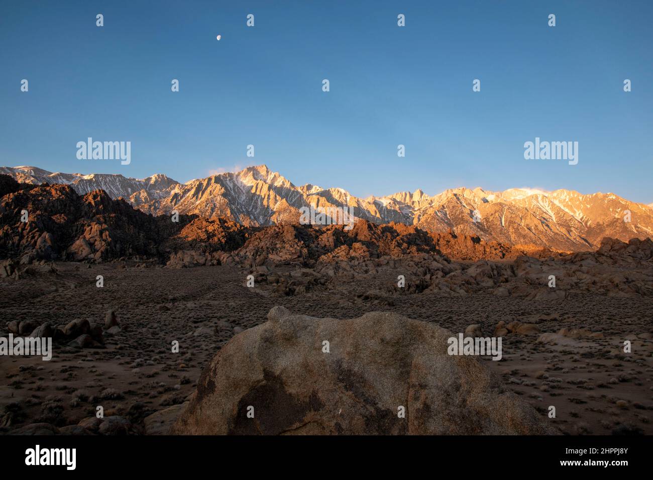 Mt. Whitney, der höchste Berggipfel in den unteren 48 Bundesstaaten, steht während des Sonnenaufgangs über den Alabama Hills im Inyo County, CA, USA. Stockfoto