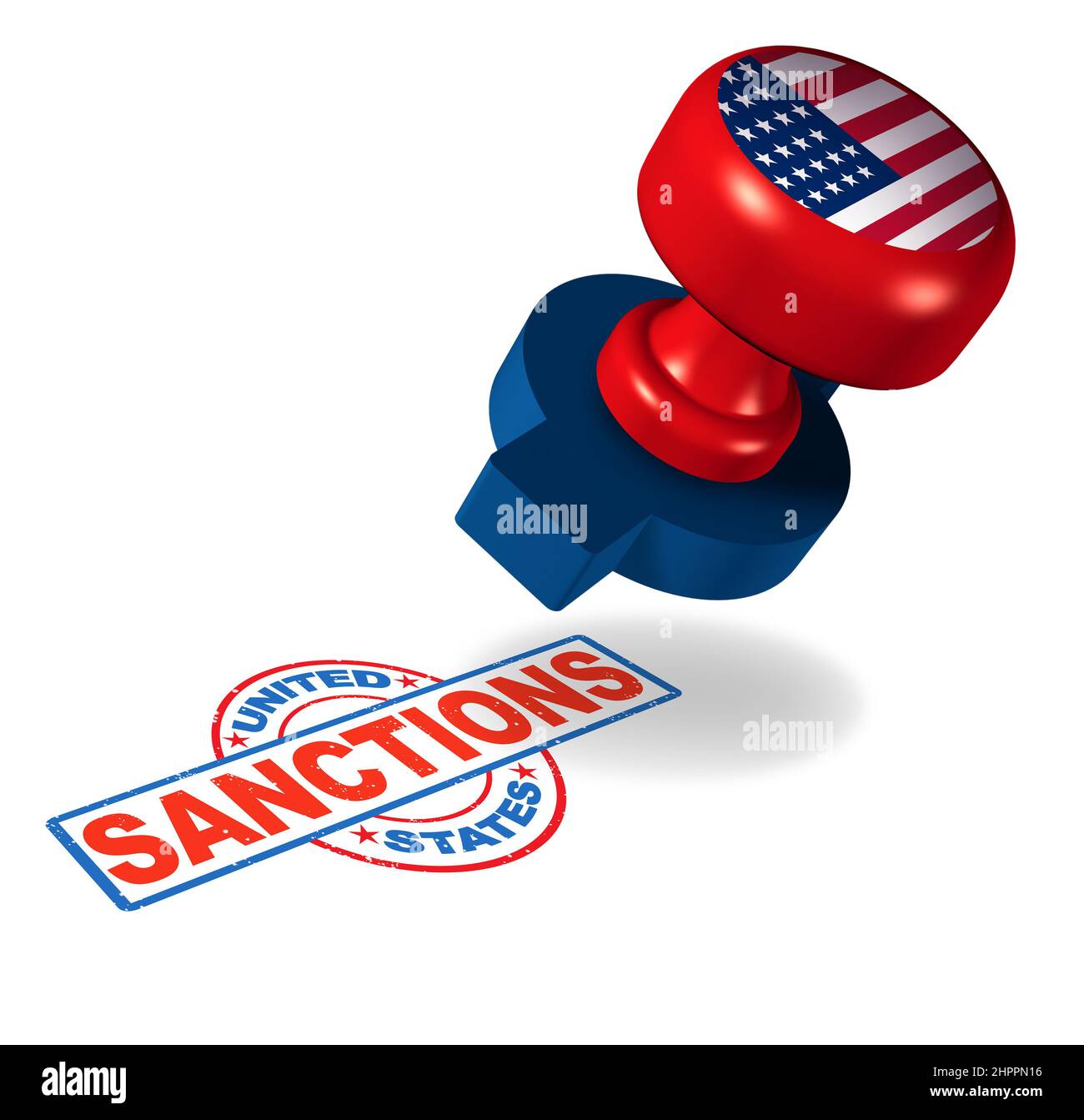 US-Sanktionen und -Zölle oder amerikanische Handelstarif in den USA als Stempel als wirtschaftliches Import- und Exportbarrieren-Konzept. Stockfoto