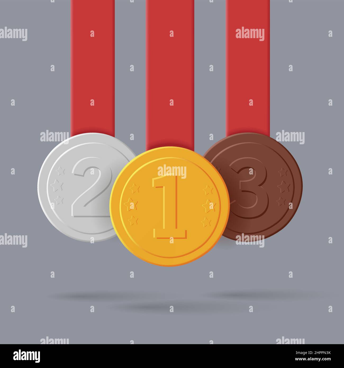 Gold-, Silber- und Bronzemedaillen mit roten Bändern hängen von oben, 3D-gewinnt-Label Stock Vektor