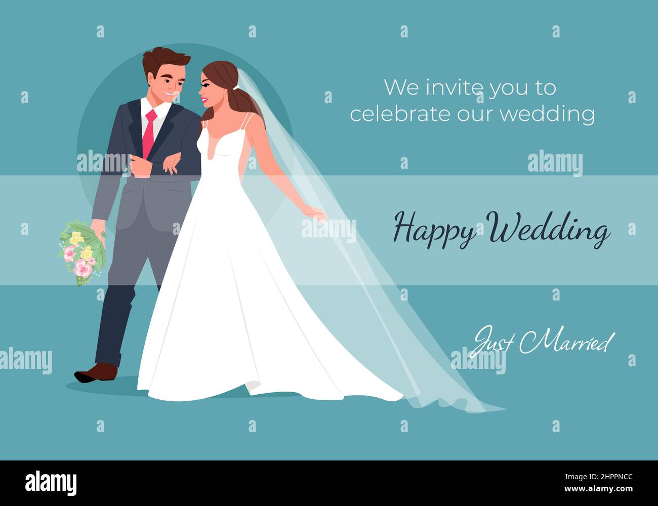 Glückliche Bräute halten lächelnde Hände. Hochzeitseinladung. Vektor-Illustration im flachen Cartoon-Stil Stock Vektor