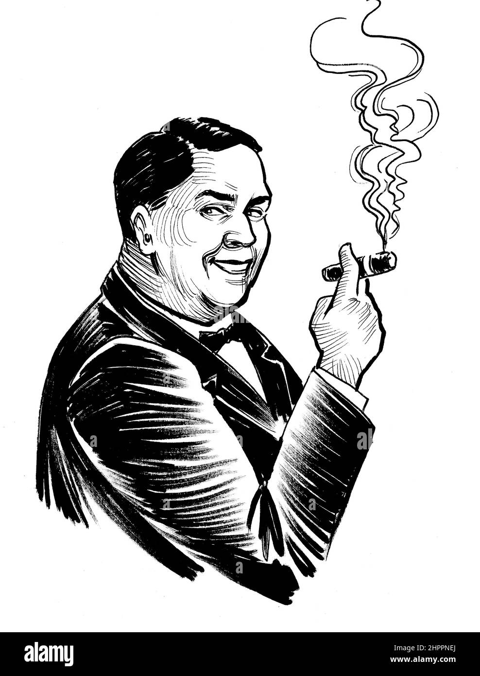 Geschäftsmann, der Zigarre raucht. Tinte schwarz-weiß Zeichnung Stockfoto
