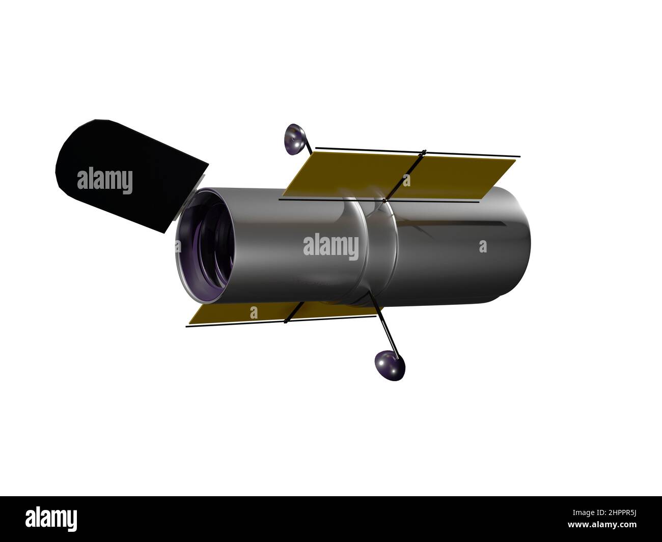 Space Telescope Hubble vereinfacht 3D Rendern isoliert auf Weiß. Raum konzeptionelle Illustration. Stockfoto