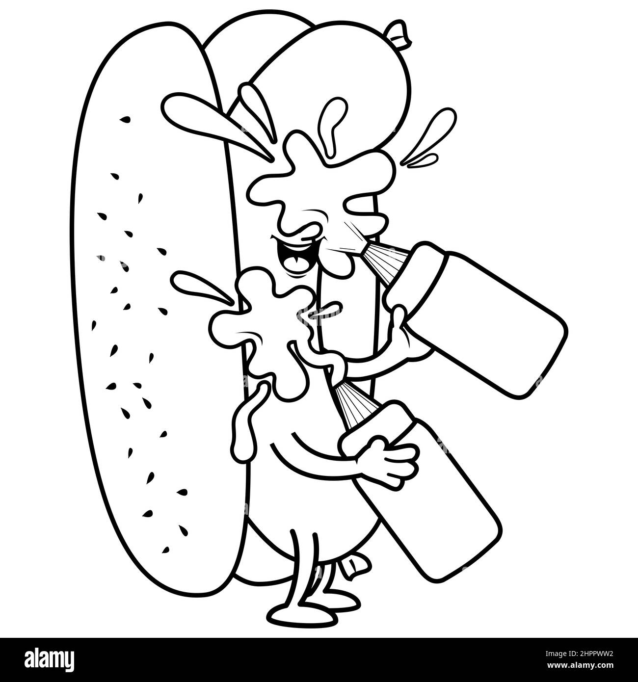 Cartoon Hot Dog spritzt sich mit Senf und Ketchup. Schwarz-Weiß-Malseite. Stockfoto