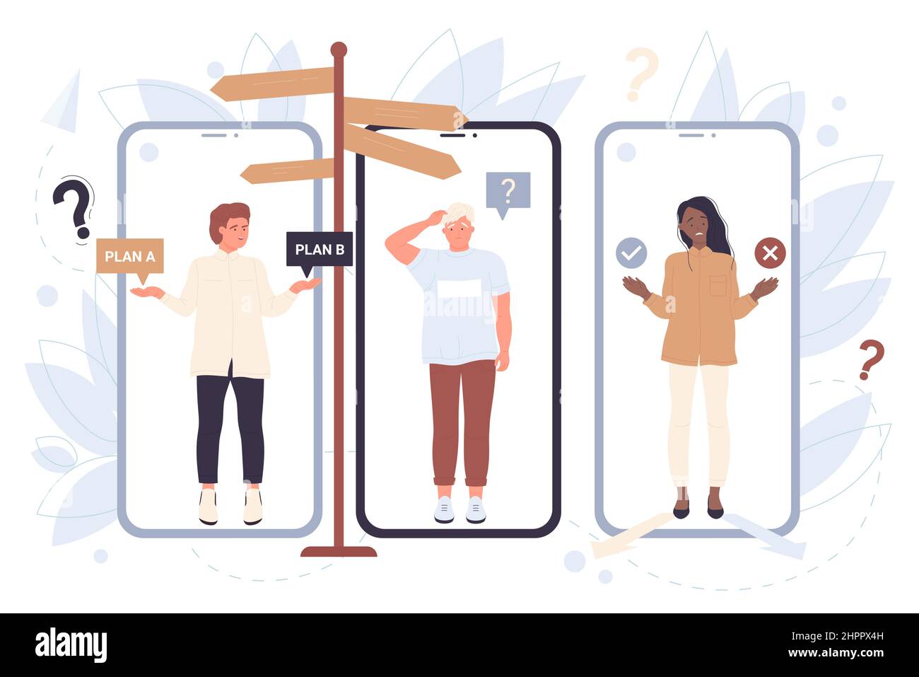 Menschen, die Entscheidungen treffen, stehen auf Bildschirmen von Mobiltelefonen mit Wegweispfeilen Vektordarstellung. Cartoon Person denken über Frage, brauchen Hilfe von Coach. Unentschlossenheit, psychologisches Konzept Stock Vektor