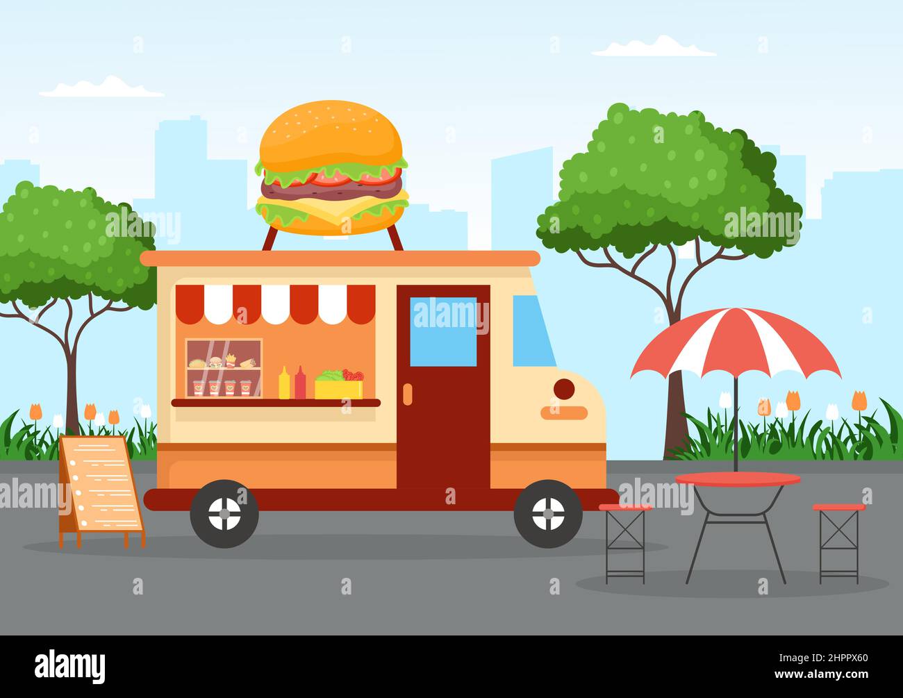 Street and Food Truck im Freien, der Fast Food wie Pizza, Burger, Hot Dog oder Tacos in flacher Cartoon-Hintergrunddarstellung serviert Stock Vektor