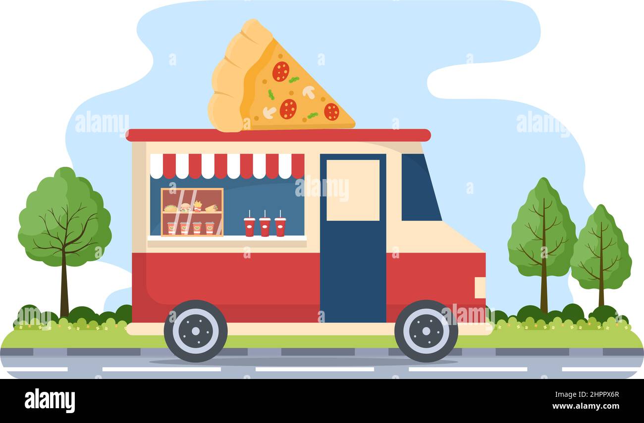 Street and Food Truck im Freien, der Fast Food wie Pizza, Burger, Hot Dog oder Tacos in flacher Cartoon-Hintergrunddarstellung serviert Stock Vektor