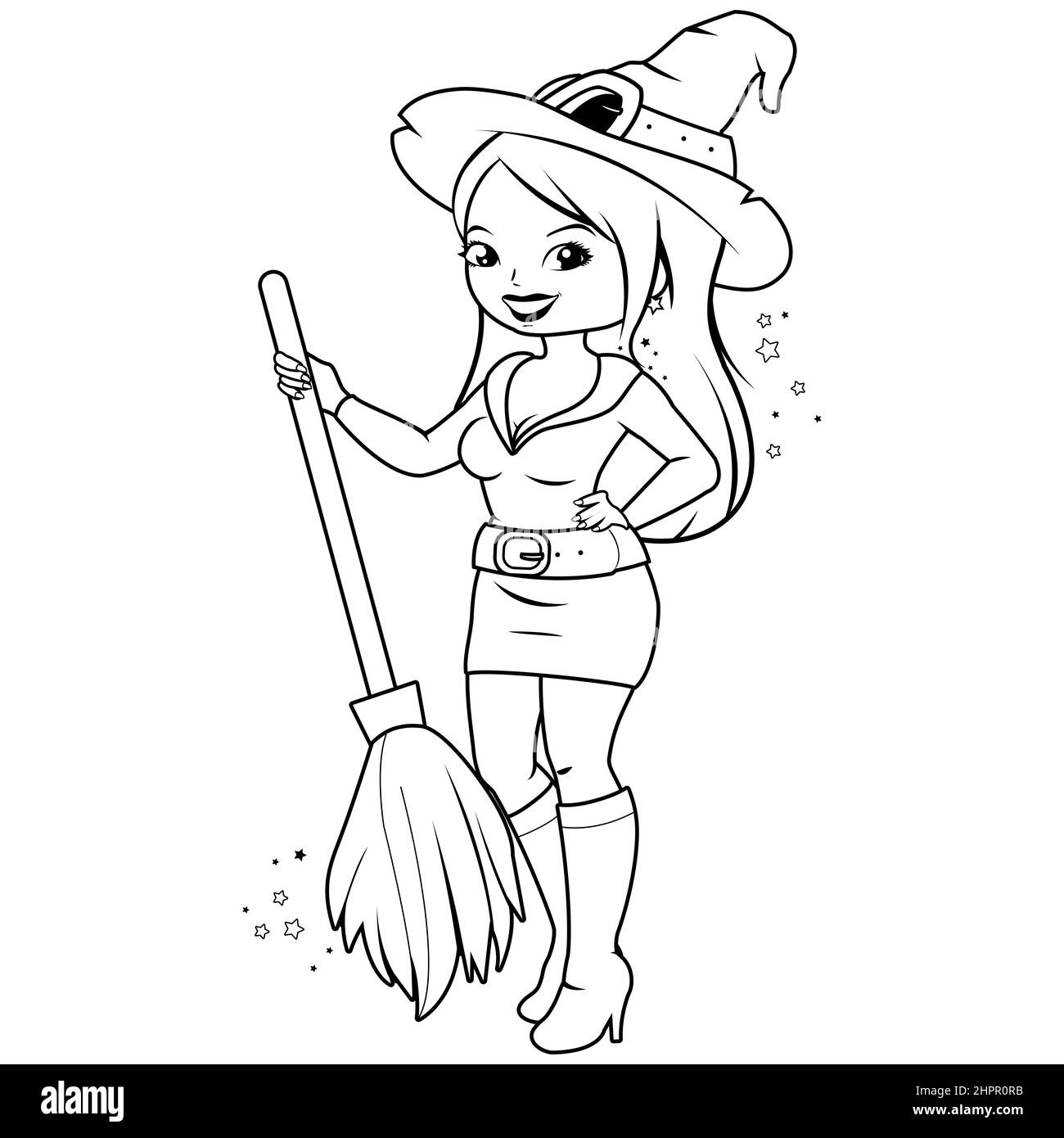 Frau in einem Halloween Hexenkostüm. Schwarz-Weiß-Malseite Stockfoto