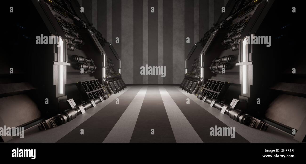 Abstrakt futuristisch Digitaler Tunnel Hangar Club Flur revolutionäre dunkelgraue Farben Hintergrundtapete 3D Illustration Stockfoto