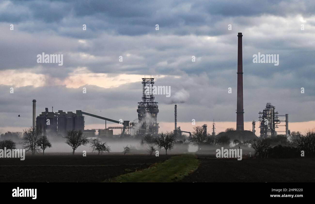 Karlsruhe, Deutschland. 23rd. Februar 2022. Außenaufnahme eines Pflanzensektors in der Miro Mineralölraffinerie Oberrhein. Der Koalitionsausschuss hat es heute mit hohen Energiepreisen zu tun. Quelle: Uli Deck/dpa/Alamy Live News Stockfoto