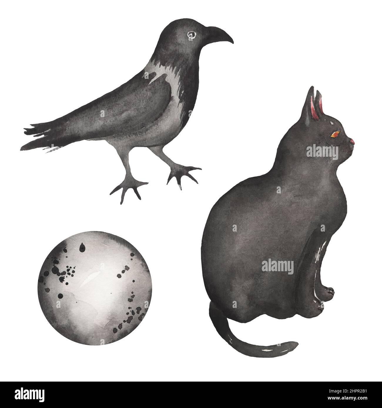 Halloween Cliparts, Aquarell Spooky Illustration Set, Crow Clip Art, Black Cat and Moon, Kids Fall Scary Party Stockfoto