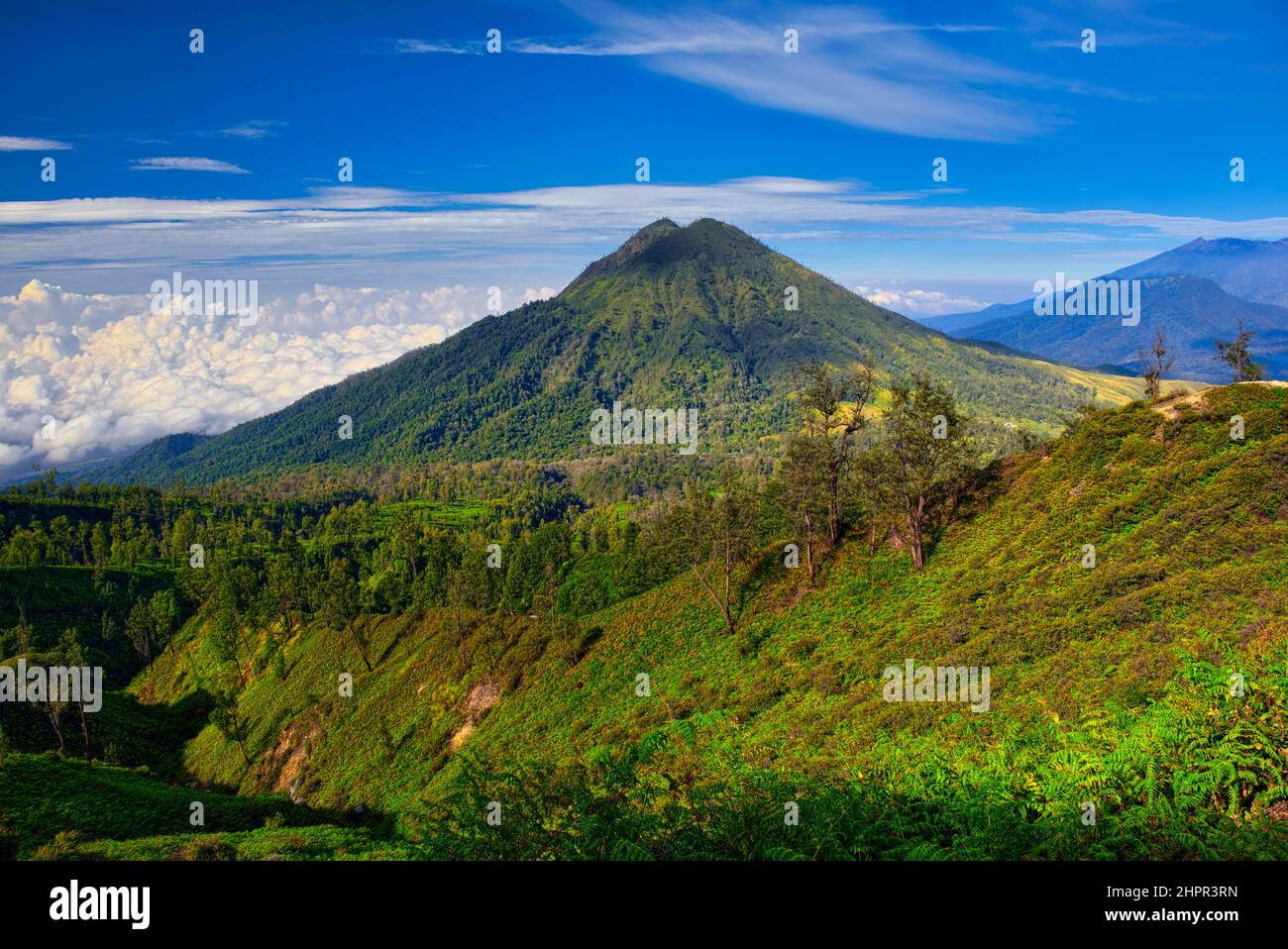 Der Ijen Krater ist der größte Kratersee in Java. Der Schwefel-Krater-See liegt zwischen einem natürlichen Staudamm aus tief geätztem Fels. Es ist 200 Meter tief und CO Stockfoto