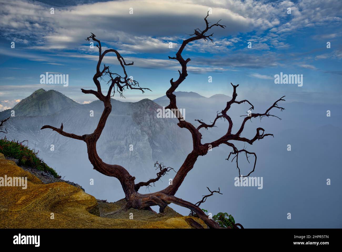 Der Ijen Krater ist der größte Kratersee in Java. Der Schwefel-Krater-See liegt zwischen einem natürlichen Staudamm aus tief geätztem Fels. Es ist 200 Meter tief und CO Stockfoto
