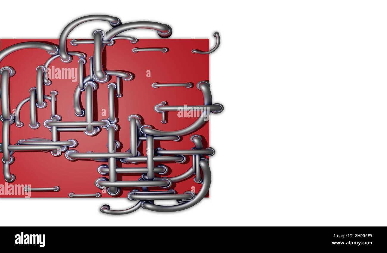 3D Illustration - Komposition aus Metallpfeifen mit abstrakter Form Stockfoto