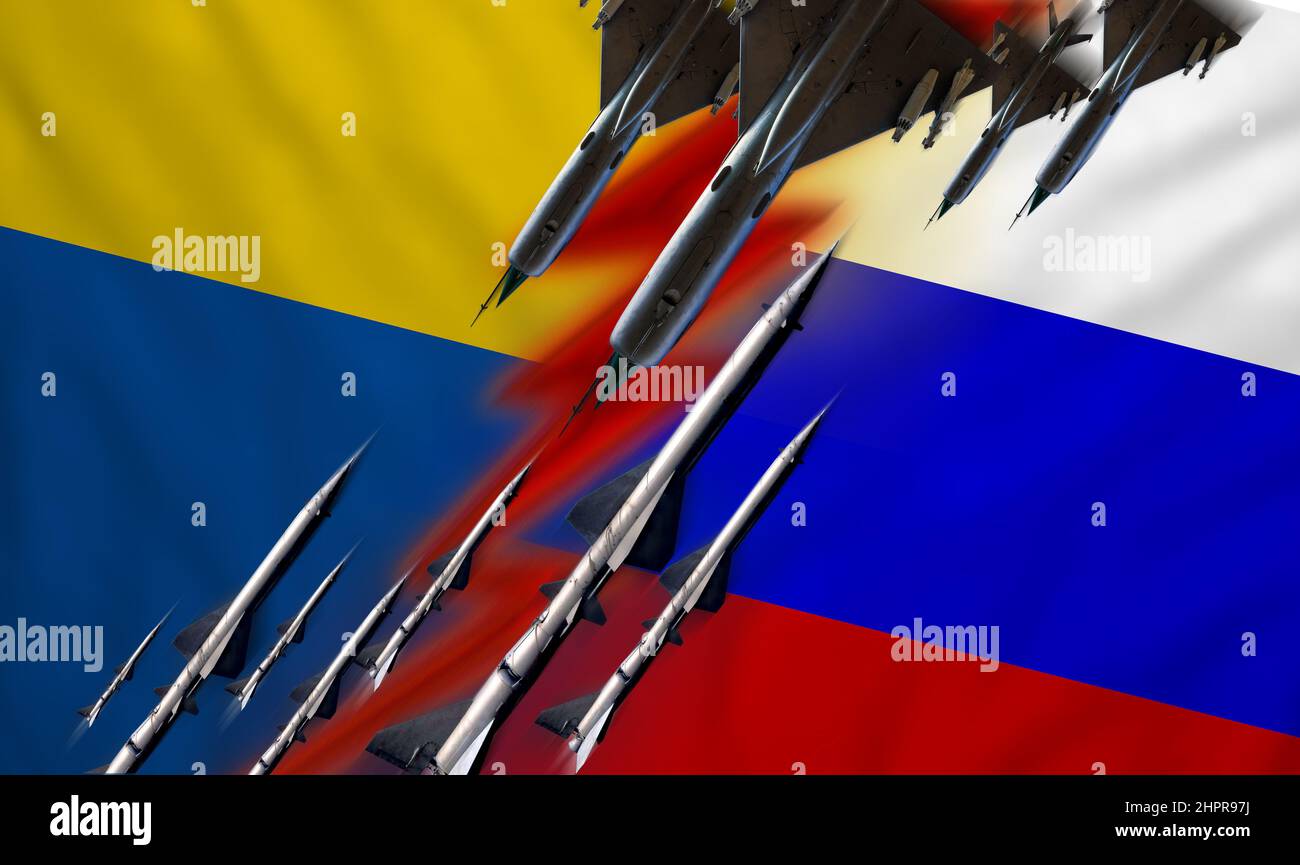 Waffen zwischen der Ukraine und russischen Nationalflaggen. Regionales Konfliktkonzept Stockfoto