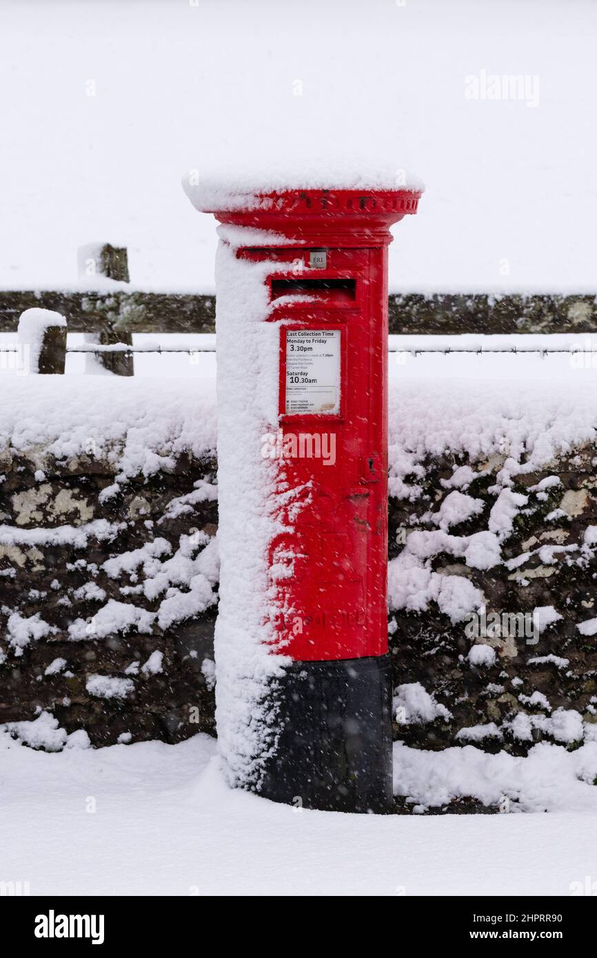 Briefkasten mit Schnee bedeckt - Killearn, Stirling, Schottland, UK Stockfoto