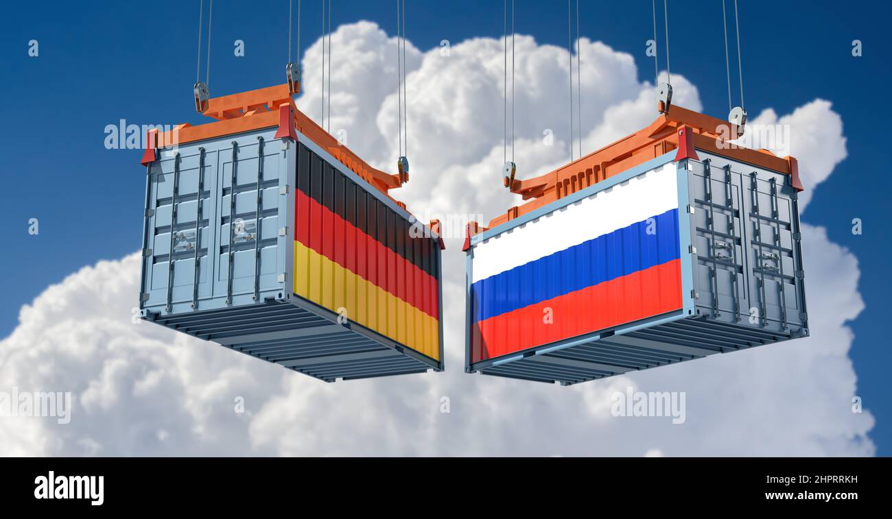 Handelskrieg. Frachtcontainer, bei denen die Nationalflaggen von Russland und Deutschland kollidieren. 3D Rendering Stockfoto