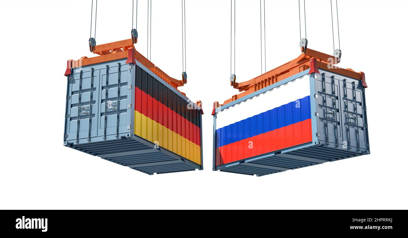 Handelskrieg. Frachtcontainer, bei denen die Nationalflaggen von Russland und Deutschland kollidieren. 3D Rendering Stockfoto