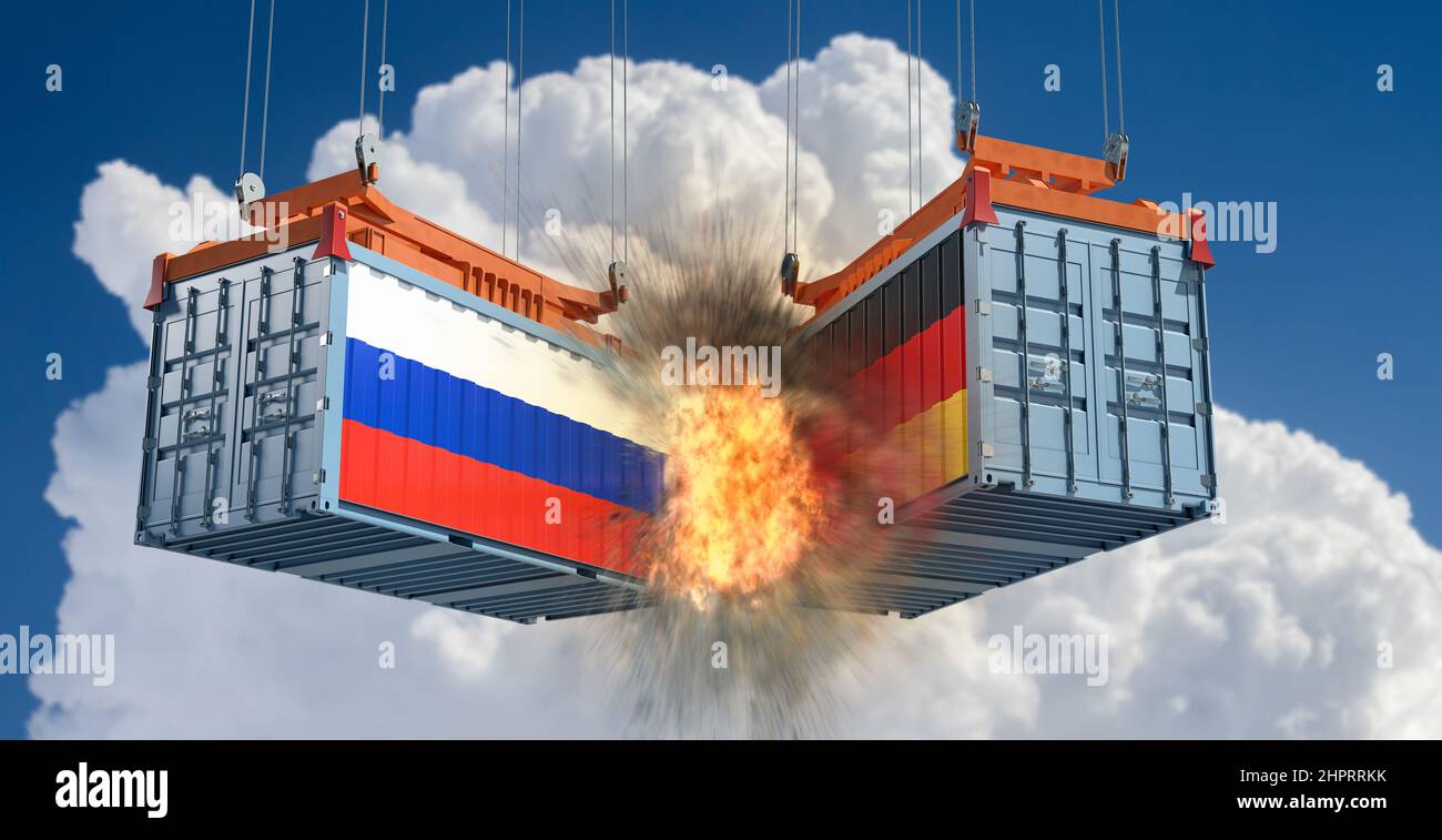 Handelskrieg. Frachtcontainer, bei denen die Nationalflaggen von Russland und Deutschland kollidieren. 3D Rendering Stockfoto
