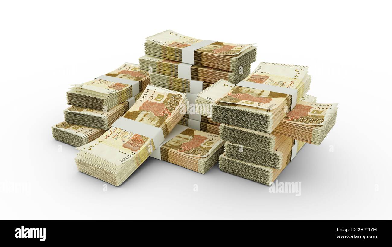 Bündel von 5000 pakistanischen Rupien. 3D-Rendering von Banknotenbündeln Stockfoto