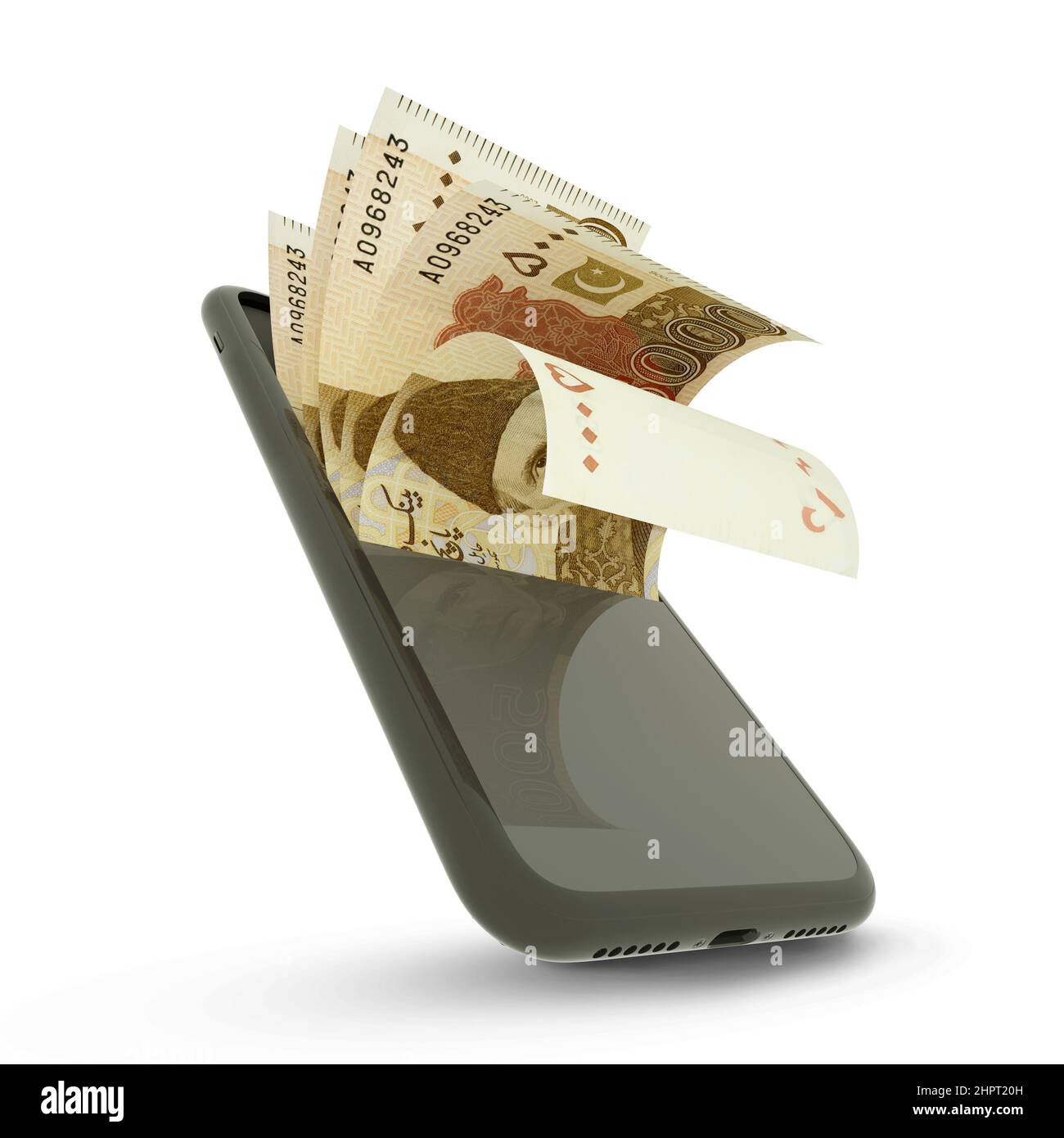 3D-Rendering von 5000 pakistanischen Rupien Notizen in einem Mobiltelefon isoliert auf weißem Hintergrund Stockfoto