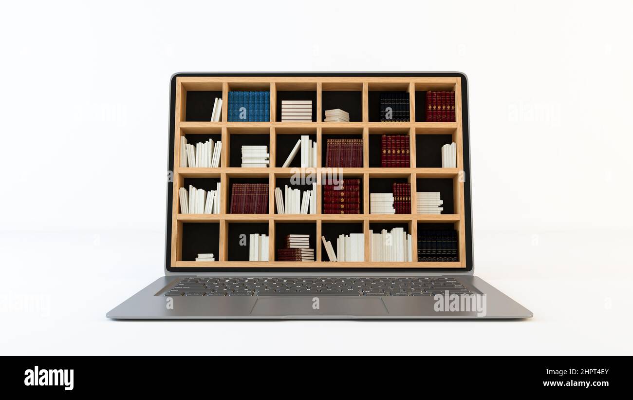 Bibliothek auf Computerbildschirm Konzept mit sauberen weißen Hintergrund 3D Rendering Stockfoto