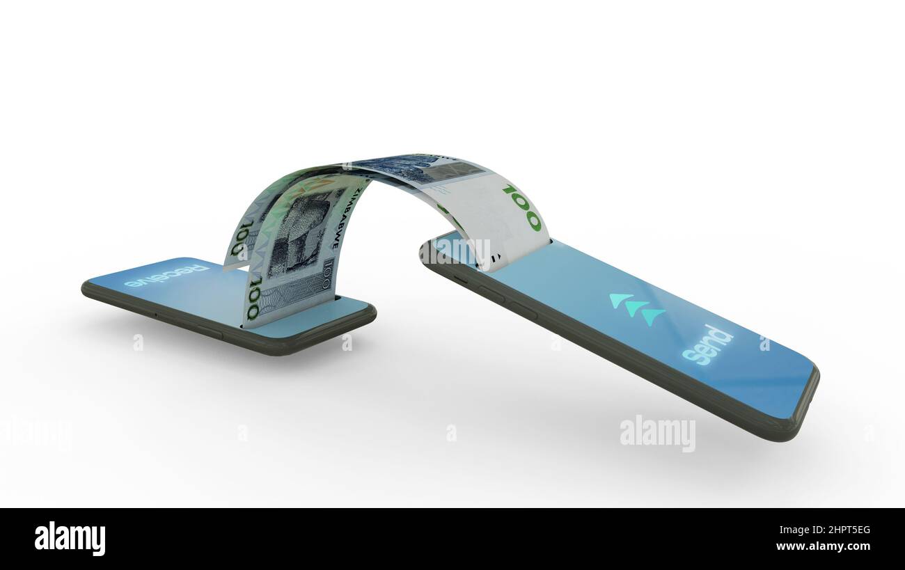 3D Rendering von Zimbabwe Dollar Notes Transfer von einem Telefon zum anderen. Mobile Money Transaction Concept Stockfoto