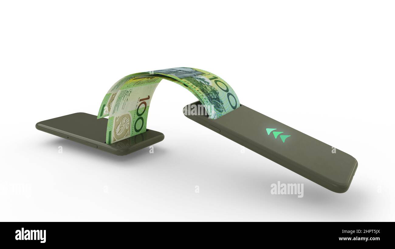 3D Wiedergabe von australischen Dollar-Noten, die von einem Telefon zum anderen übertragen werden. Mobile Money Transaction Concept Stockfoto