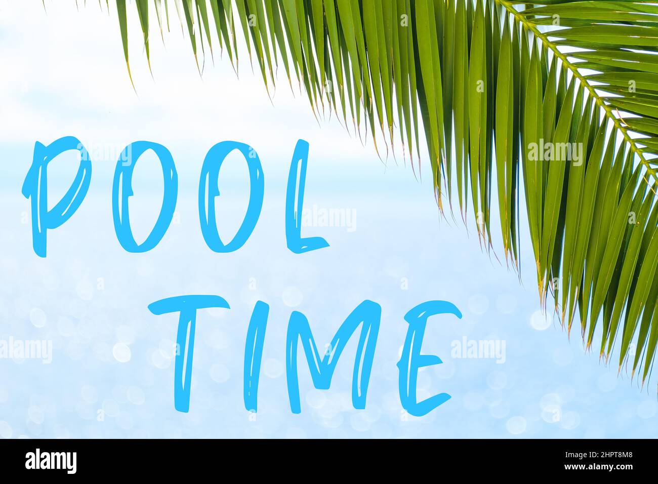 Nachricht zur Poolzeit in eleganter Schrift auf dem Hintergrund mit Palmenblatt und blauem Meer. Urlaubskonzept und Werbung der Reiseagentur. Stockfoto