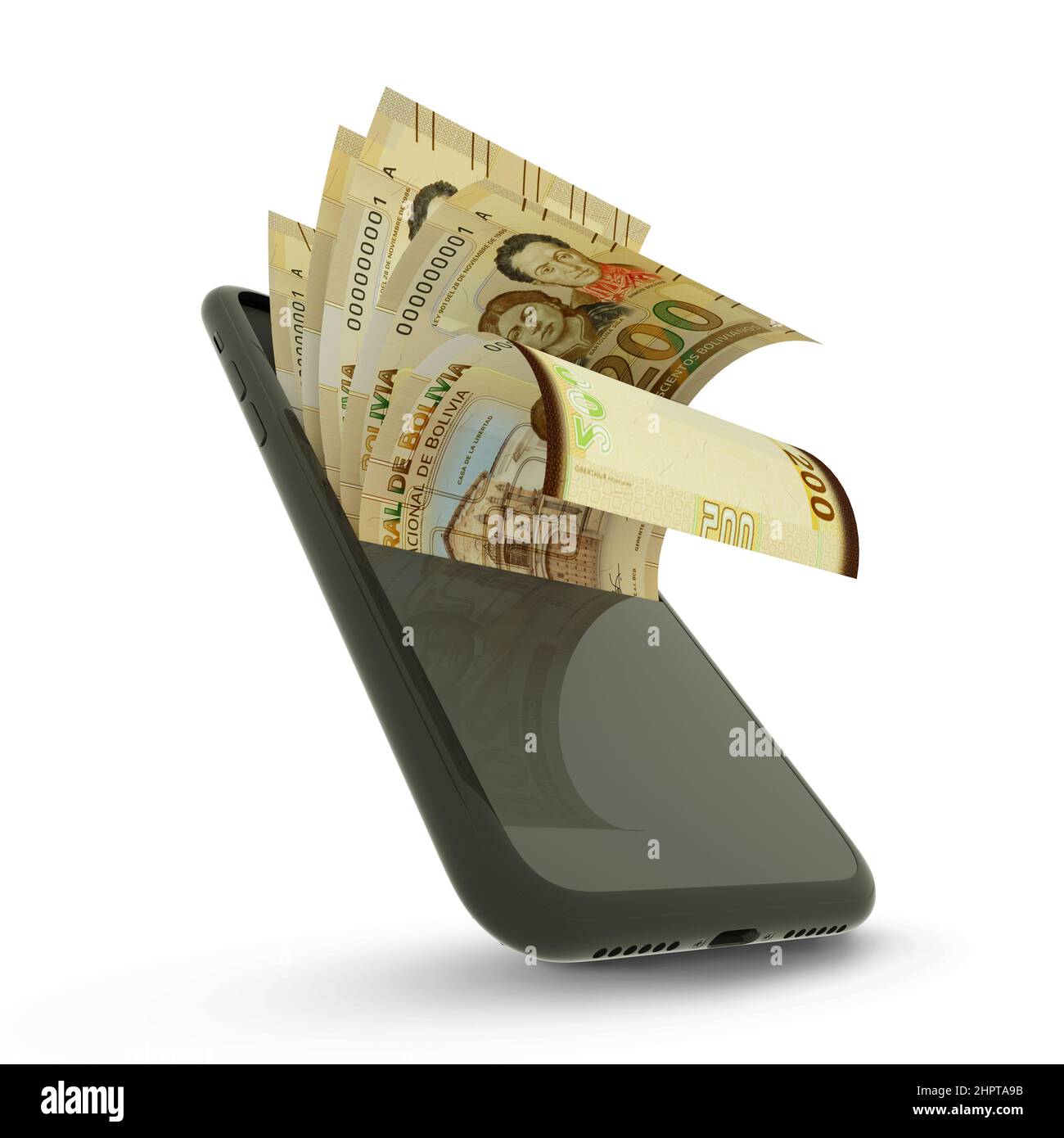 3D Rending des bolivianischen Bolivianos in einem Mobiltelefon Stockfoto