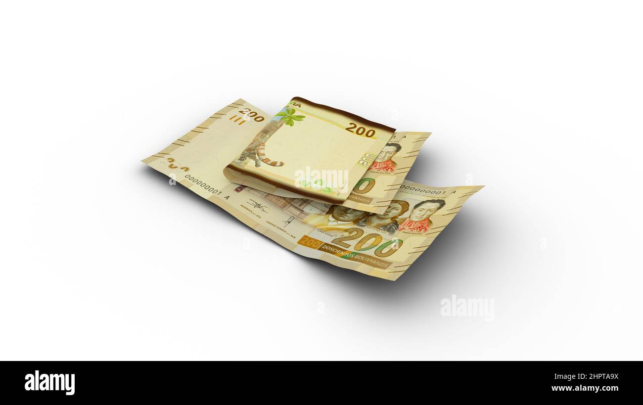 3D Wiedergabe von Double 200 bolivianischen Boliviano-Noten mit Schatten Stockfoto