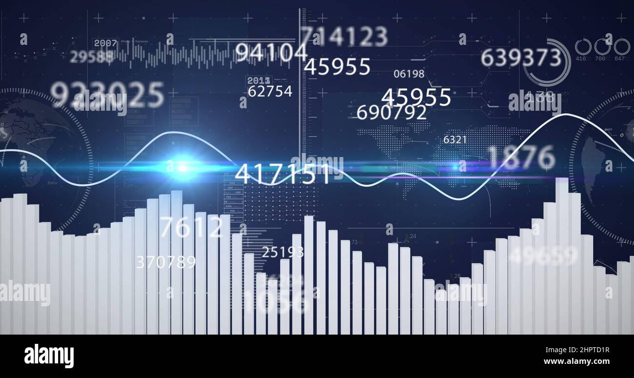 Bild von sich ändernden Zahlen und Statistiken auf blauem Hintergrund Stockfoto