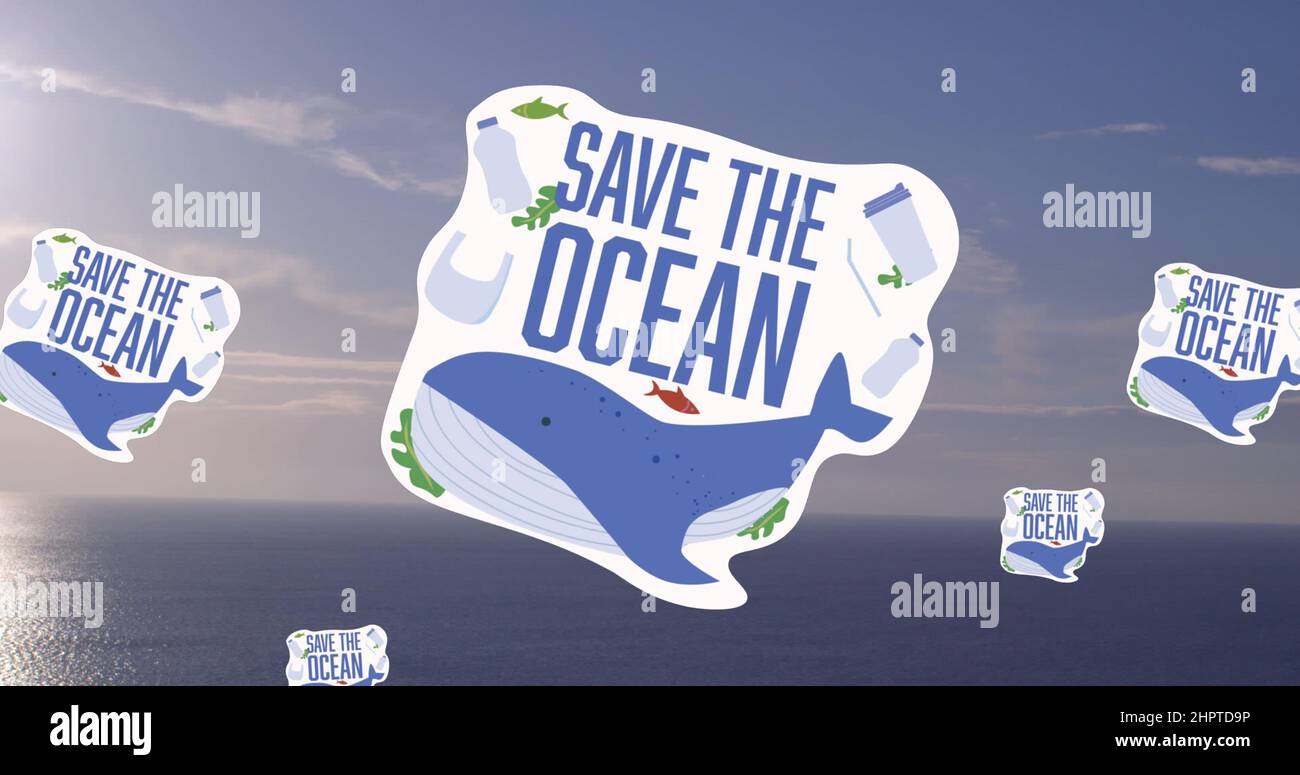 Bild von Save the Ocean Text über Walsymbole und Meer Stockfoto