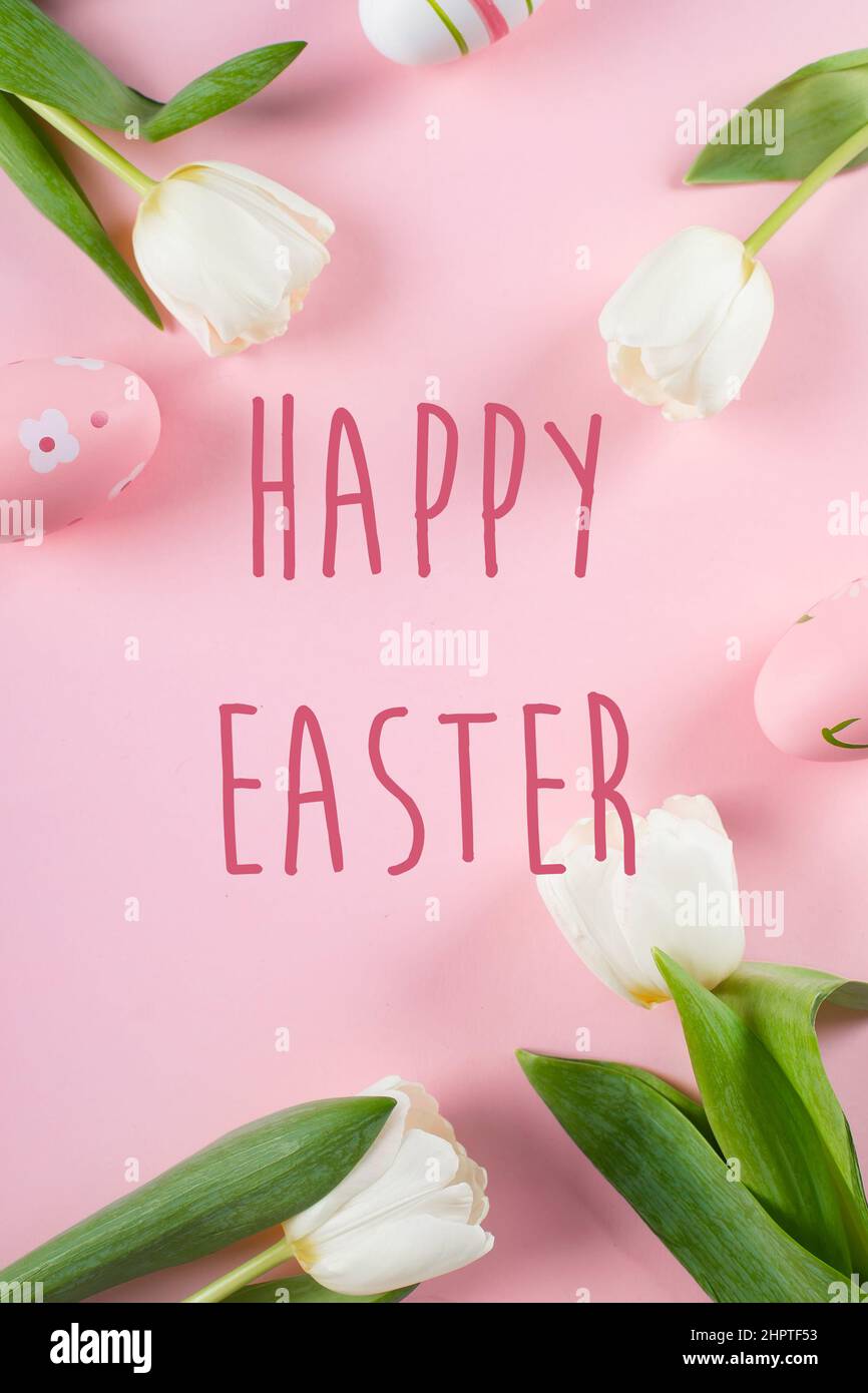 Frohe Ostern Text Auf Grukarte. Osterfeiertagskonzept. Tulpen Und