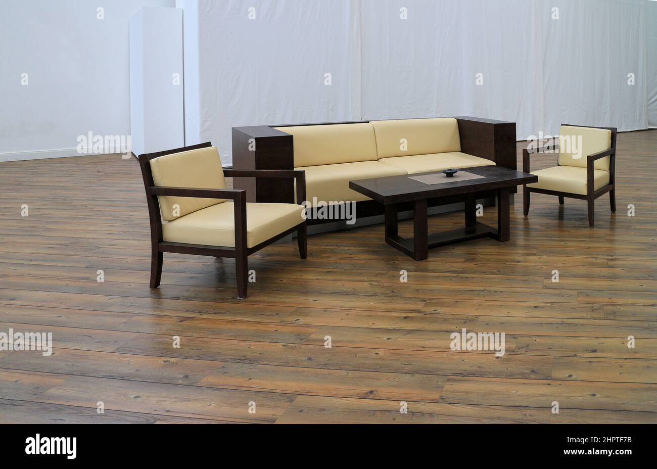 Zimmer mit Parkettboden, weißen Wänden und minimalistischen Polstermöbeln Stockfoto